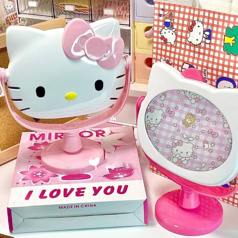 Beauty Makeup Vanity Set - กระจกตั้งโต๊ะลายเฮลโลคิตตี้, กระจกแต่งหน้าลายการ์ตูนน่ารักสไตล์คาวาอี้, กระจกแต่งหน้าแบบพกพา เหมาะสำหรับตกแต่งห้องนอนของผู้หญิง หรือเป็นของขวัญเพื่อความงาม